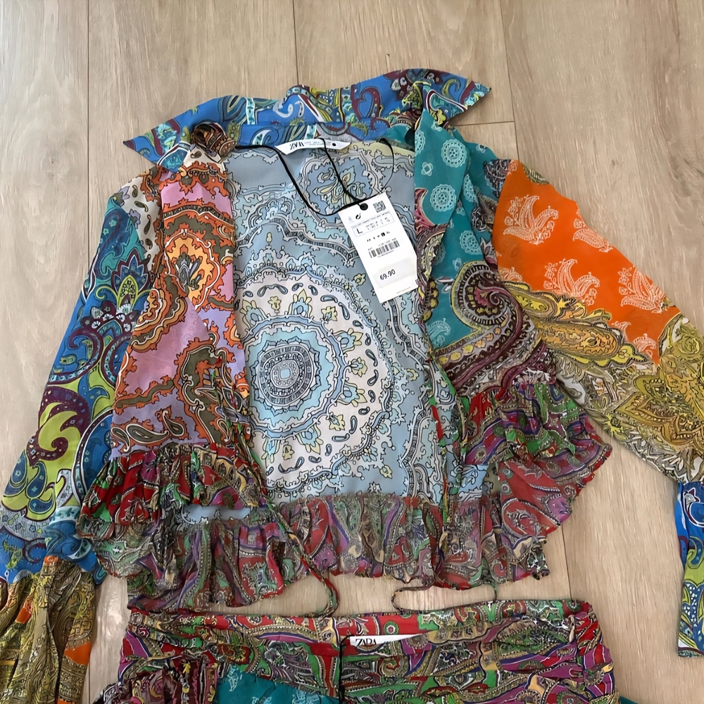 NWT Zara Multicolor Paisley Patchwork Ruffle Top Blogger Fav - Picture 3 of 9
